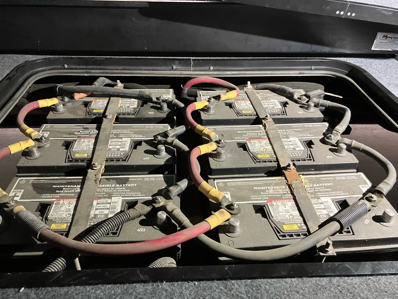Six-battery RV house battery bank with heavy interconnect cables